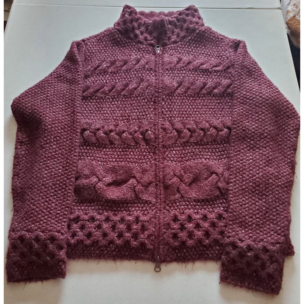 J. Jill Womens Burgundy Cableknit Zip Up Sweater Size Medium Cabincore boho Cozy